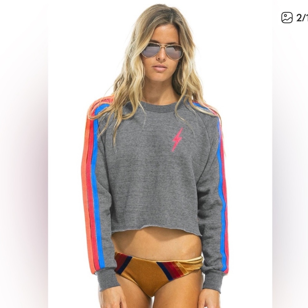 Aviator Nation Gray Sweatshirt with Colorful Bolt and Stripes
